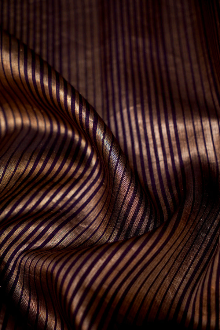 Regal Dark Purple Raw Silk Tissue Fusion Saree with Zari Stripe Weave &amp; Plain Border
