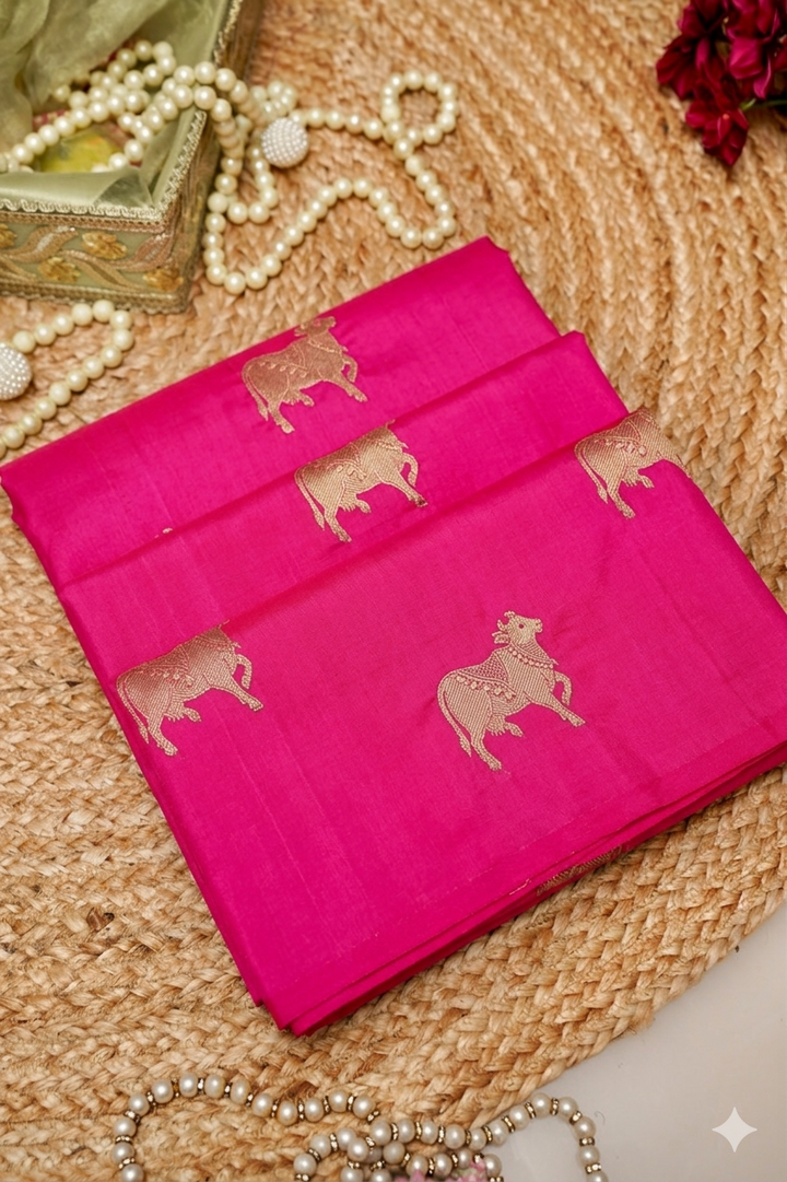 Hot Pink Handwoven Banarasi Pure Puna Silk Saree with Zari Nandi Motif
