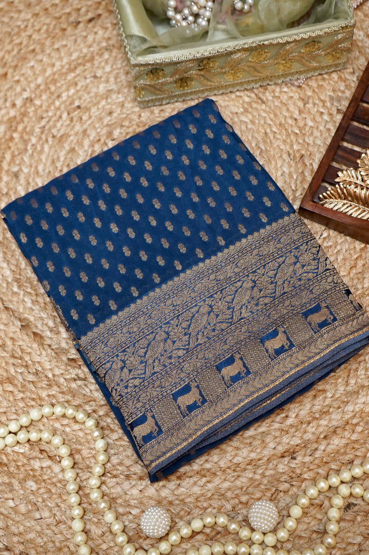 Elegant Teal Blue Banarasi Chinon Georgette Saree with Antique Zari Figure Motifs