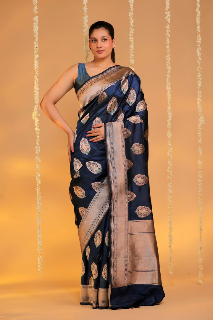 handwoven teal blue banarasi pure katan silk meenakari nita ambani inspire saree front view 1