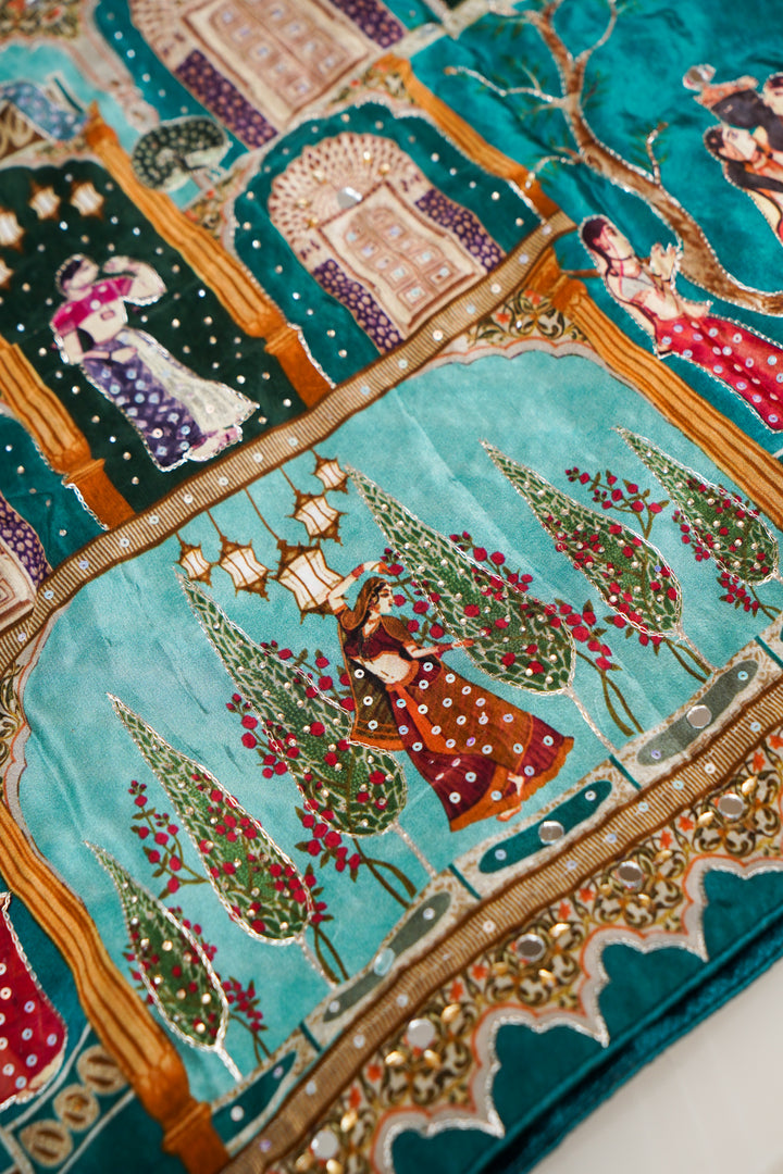 Teal Green Crepe Silk Saree with Katha Embroidery & Printed Figure Motifs