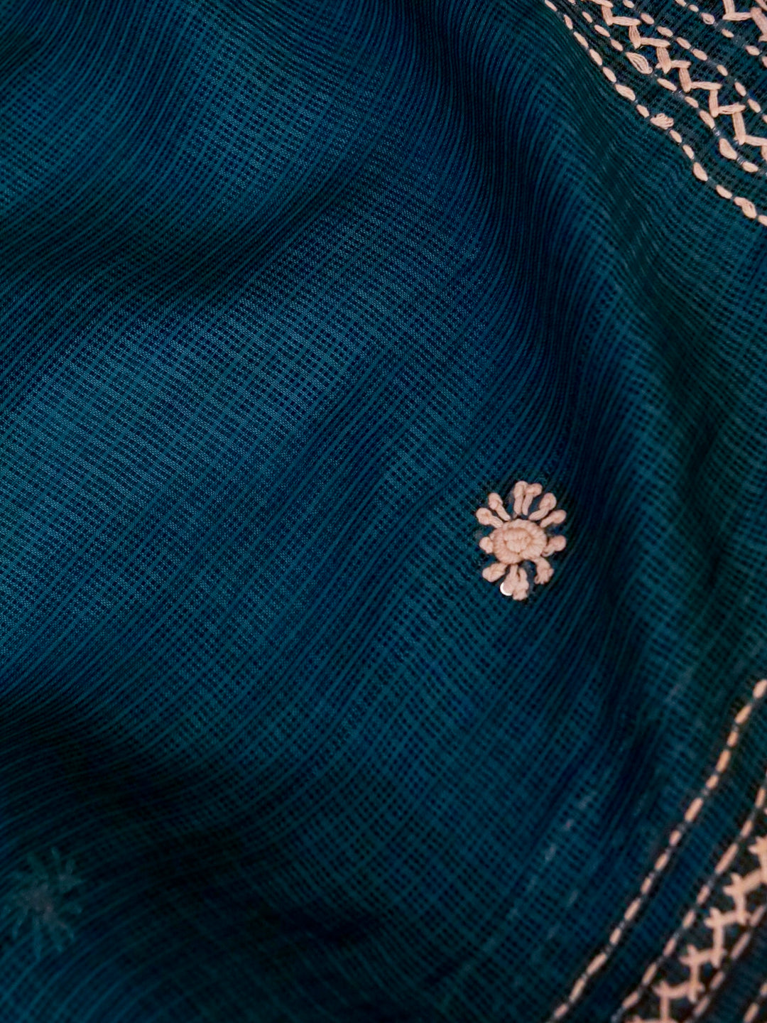 Teal Green Pure Kota Check Saree with Hand Kantha Embroidery View 4