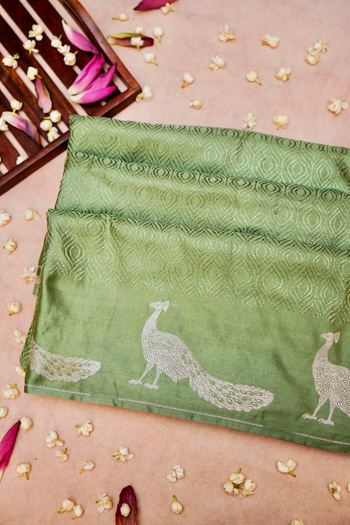 Ethereal Beauty in Pastel Banarasi Mashru Silk Saree with Tanchoi Weave & Bird Motif Border
