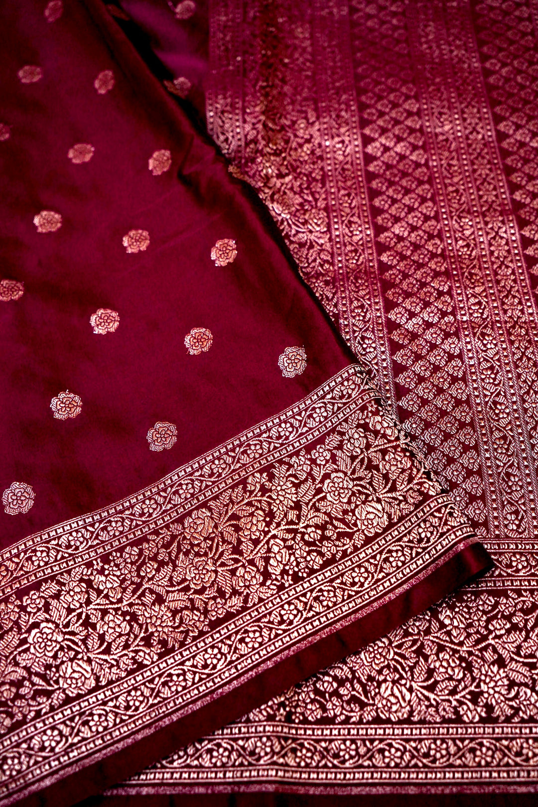 Regal Elegance in Wine Mashru Silk Saree with All-Over Silver Zari Weave