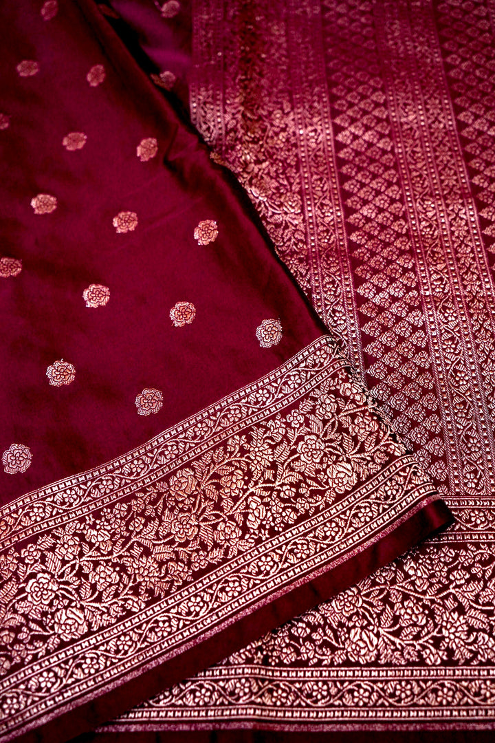 Regal Elegance in Wine Mashru Silk Saree with All-Over Silver Zari Weave