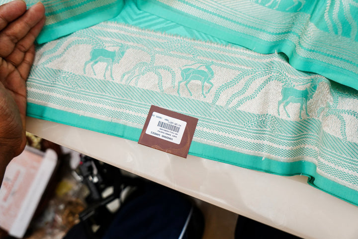 Aqua Green Banarasi Pure Katan Silk Saree – Handwoven with Golden Zari Shikargah Border & Pallu