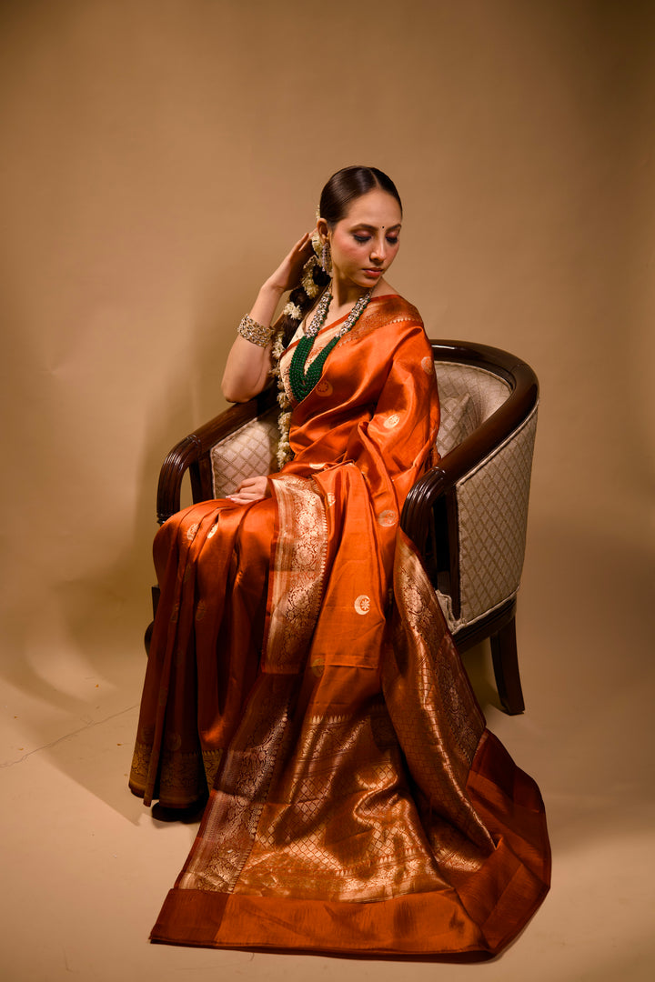Sonakshi Sinha Inspired Rust Orange Pure Katan Silk Chand Boota Banarasi Saree View 1