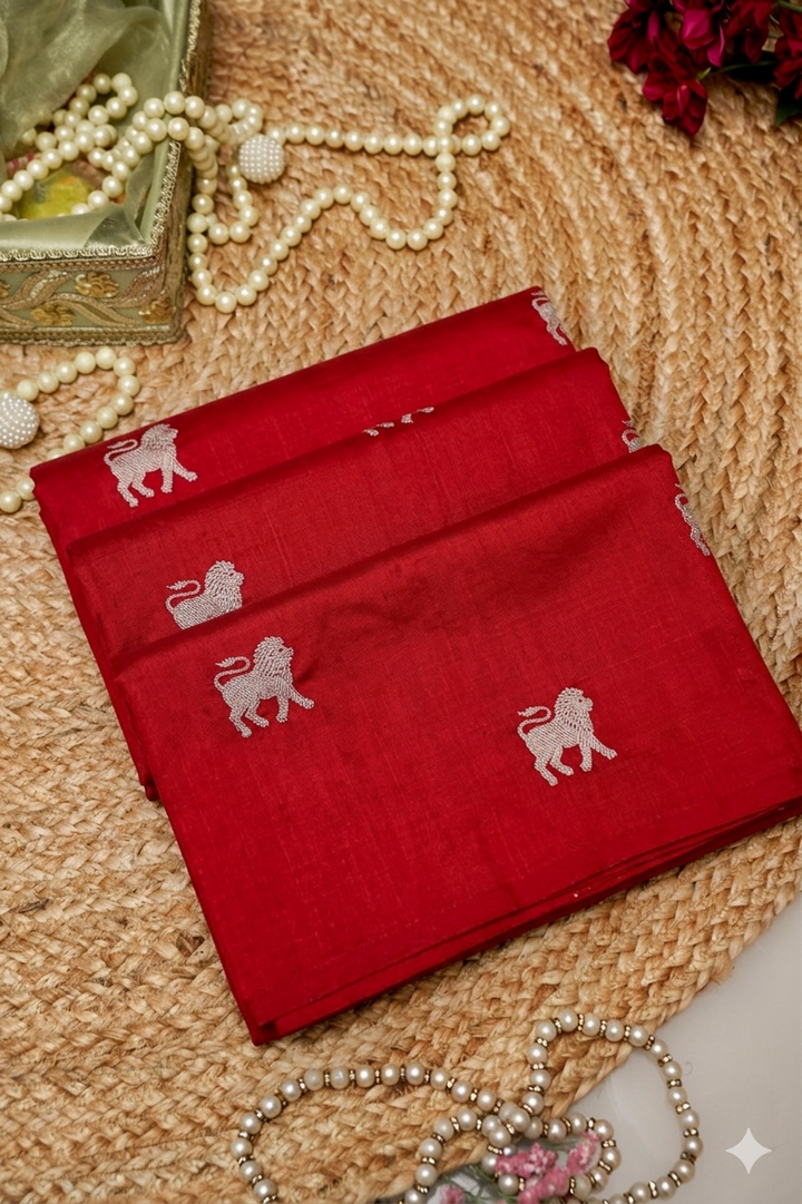 Royal Bridal Red Handwoven Banarasi Pure Puna Silk Saree with Zari Lion Motif
