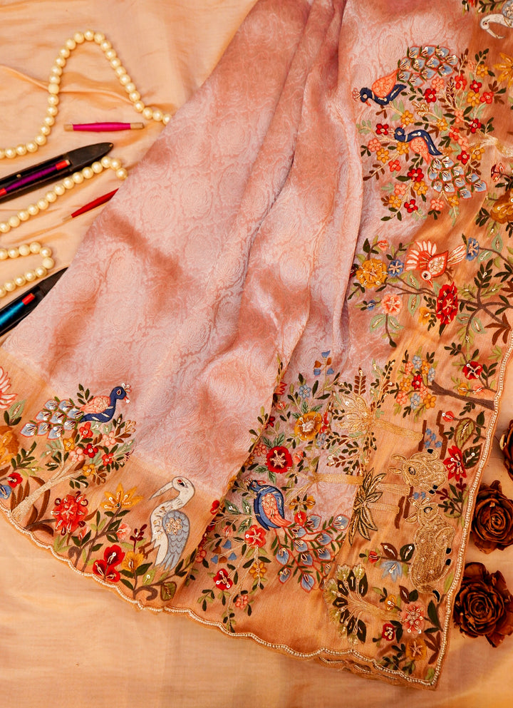 Pink Banarasi Soft Silk Brocade Saree with Meenakari Zardozi | Pichwai Raas Krishna Leela Inspired