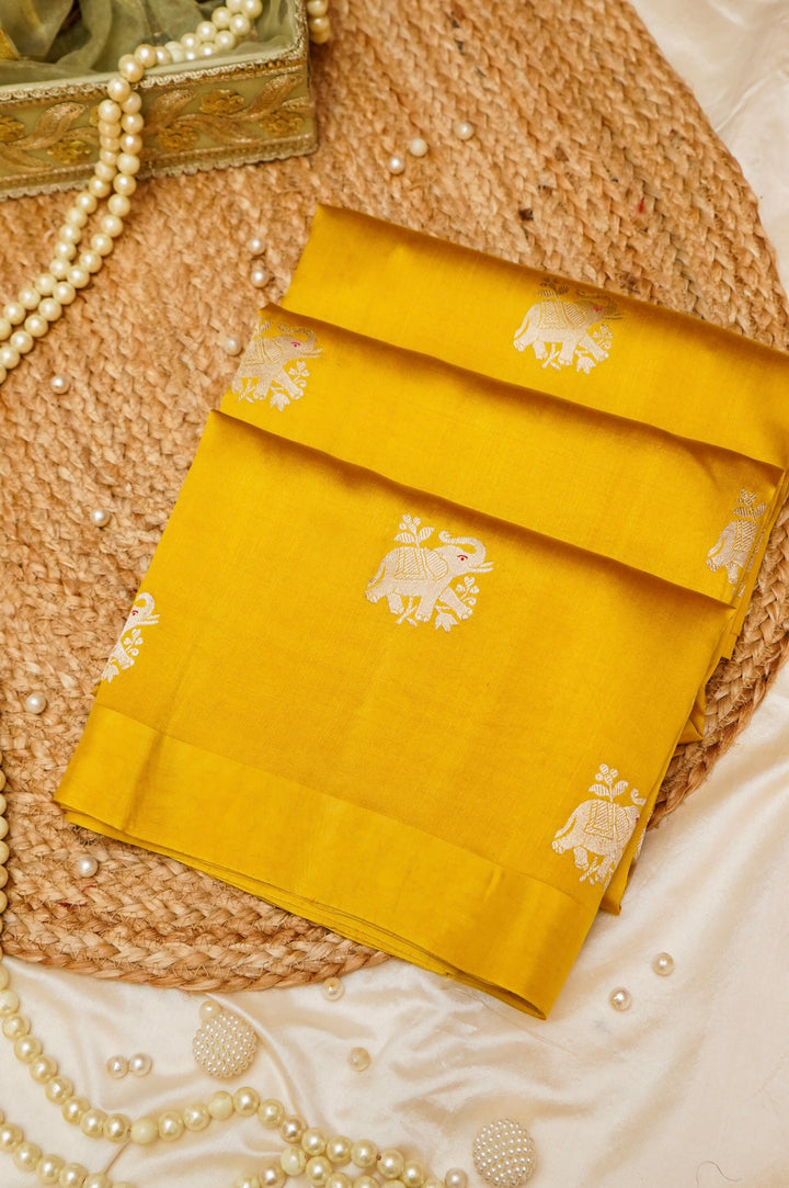 Haldi Wear Handwoven Banarasi Pure Katan Silk Elephant Motif Saree View 1