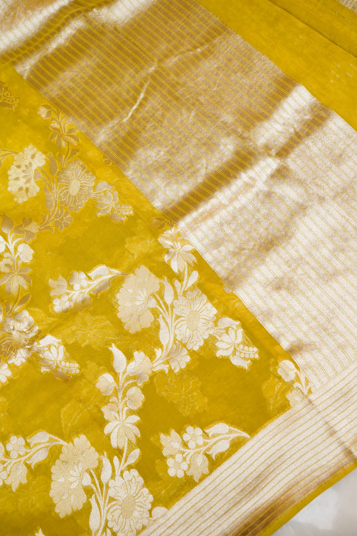 Mustard Pure Georgette Saree with Zari Weave Jangla Design