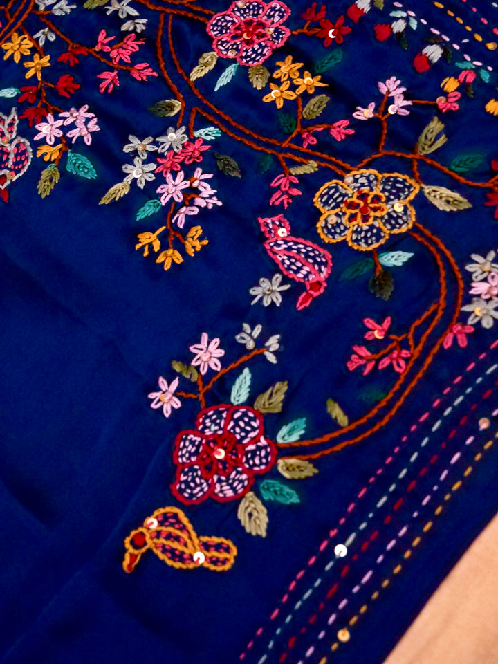 Teal Blue Ghicha Silk Saree with Hand Kantha Embroidery View 4