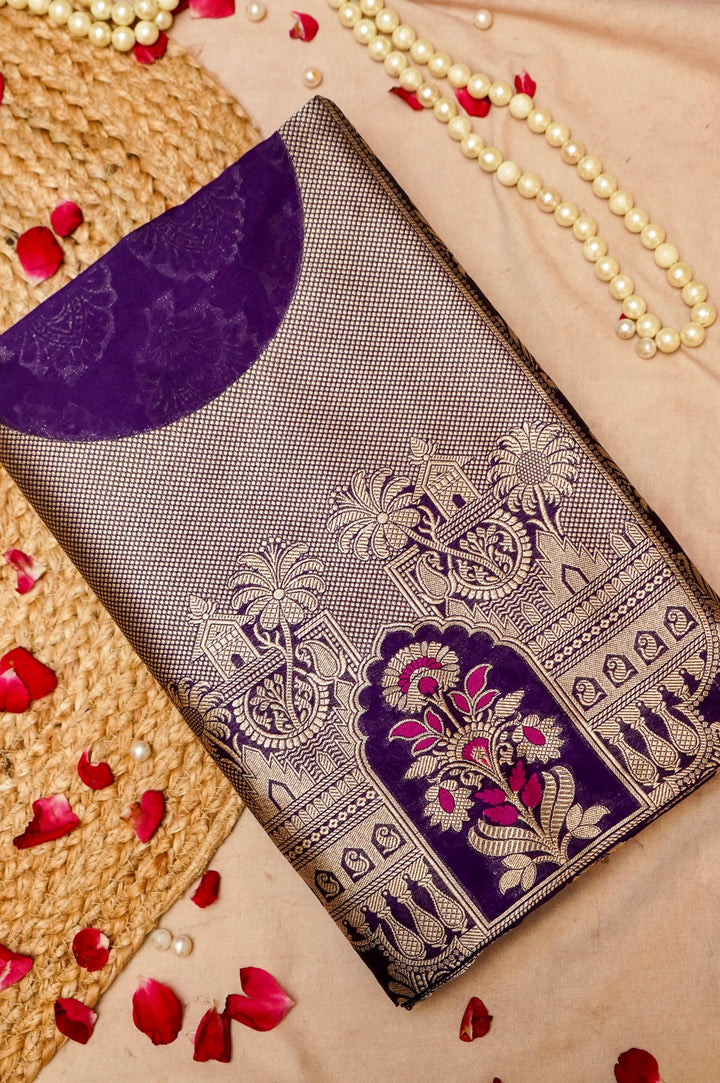 Dark Purple Modal Silk Unstitched Suit Set with Meenakari Zari Thread Weave View 1