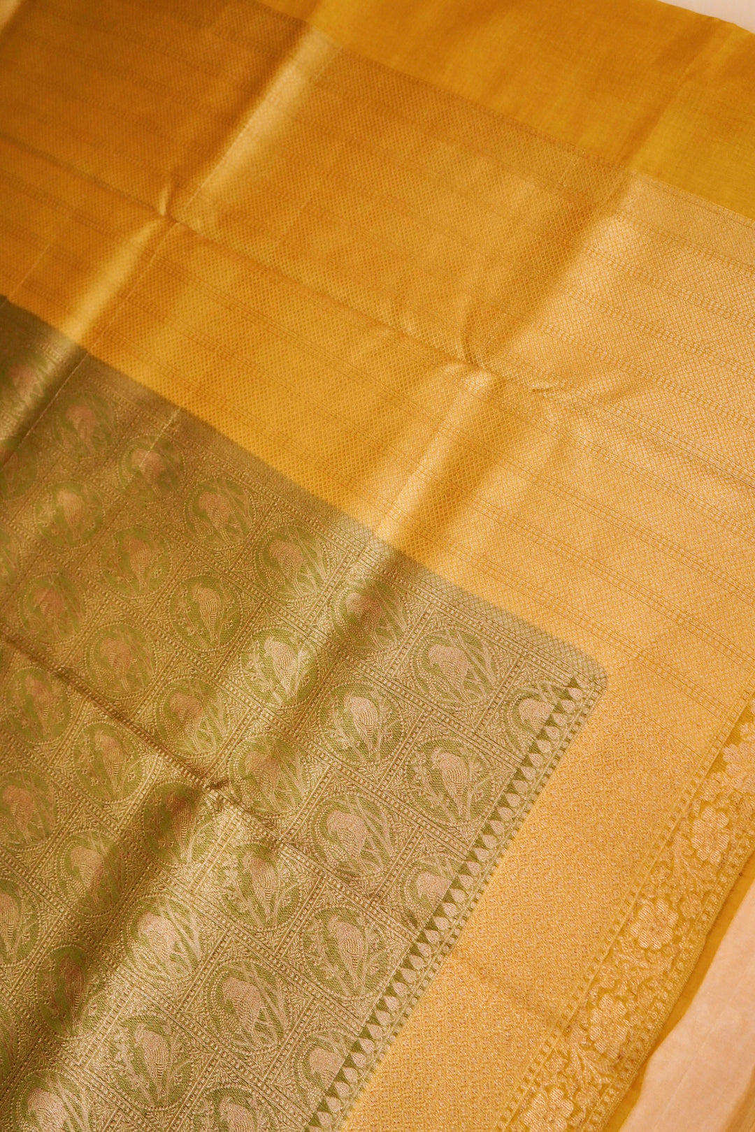 Handwoven Banarasi Pure Olive Green Chanderi Silk Saree with Yellow Contrast Border