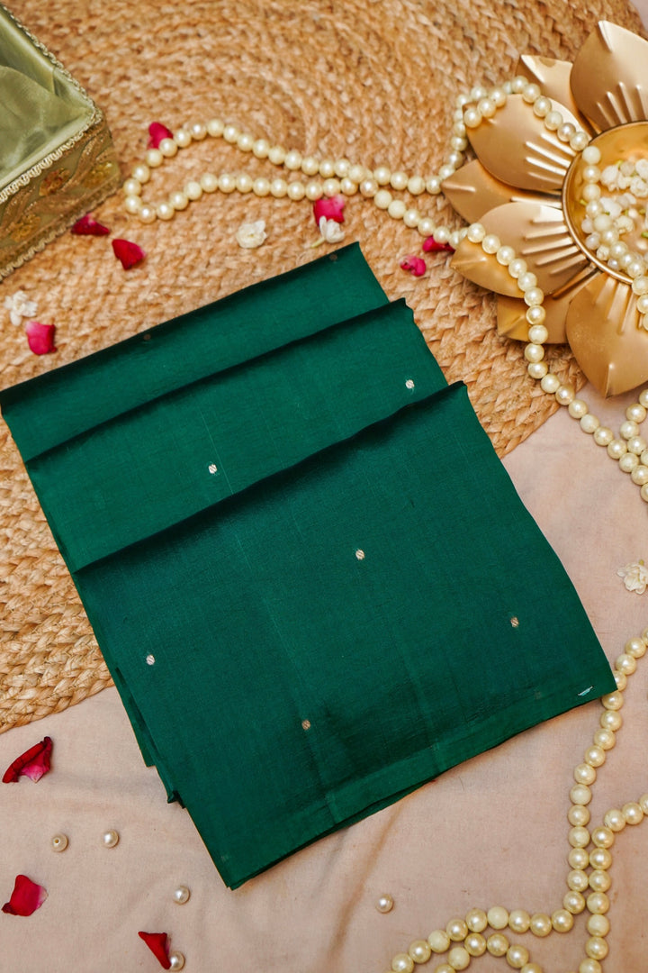 Bottle Green Pure Silk Banarasi Saree with Peacock Motif Pallu View 1