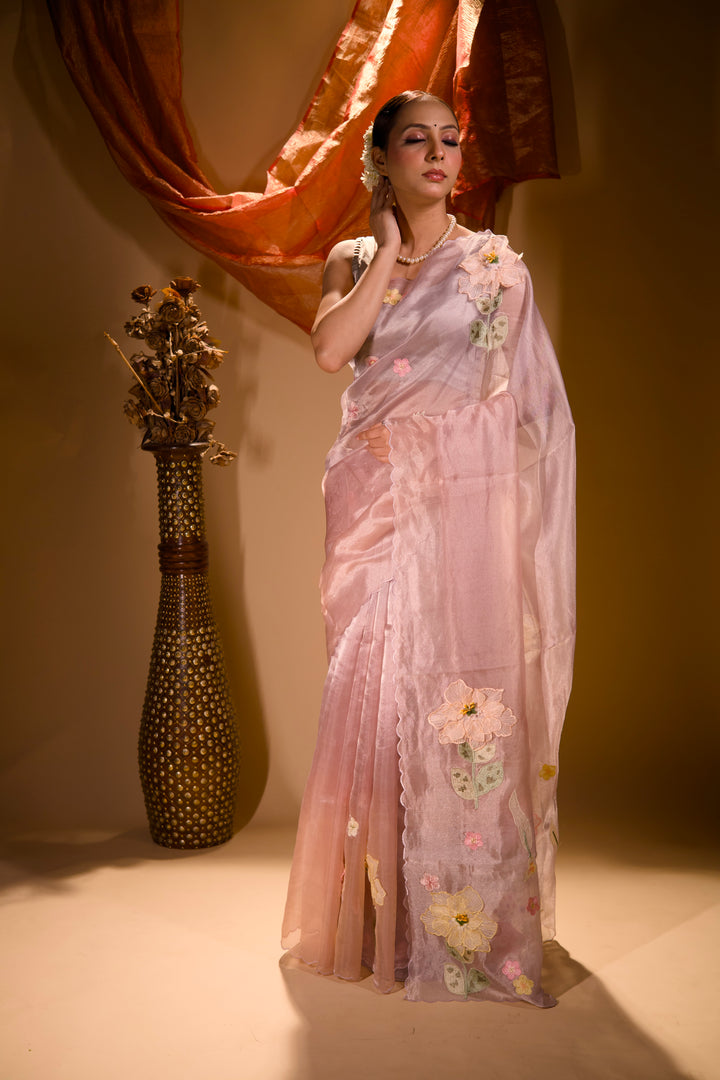 Rose Gold Pure Handloom Tissue Saree with Scallop Border Placement Appliqué Embroidery View 6
