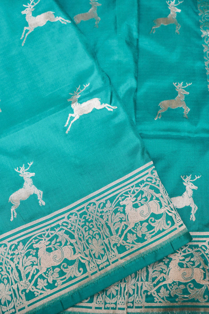 Sea Green Handwoven Banarasi Pure Katan Silk Saree with Deer Motif