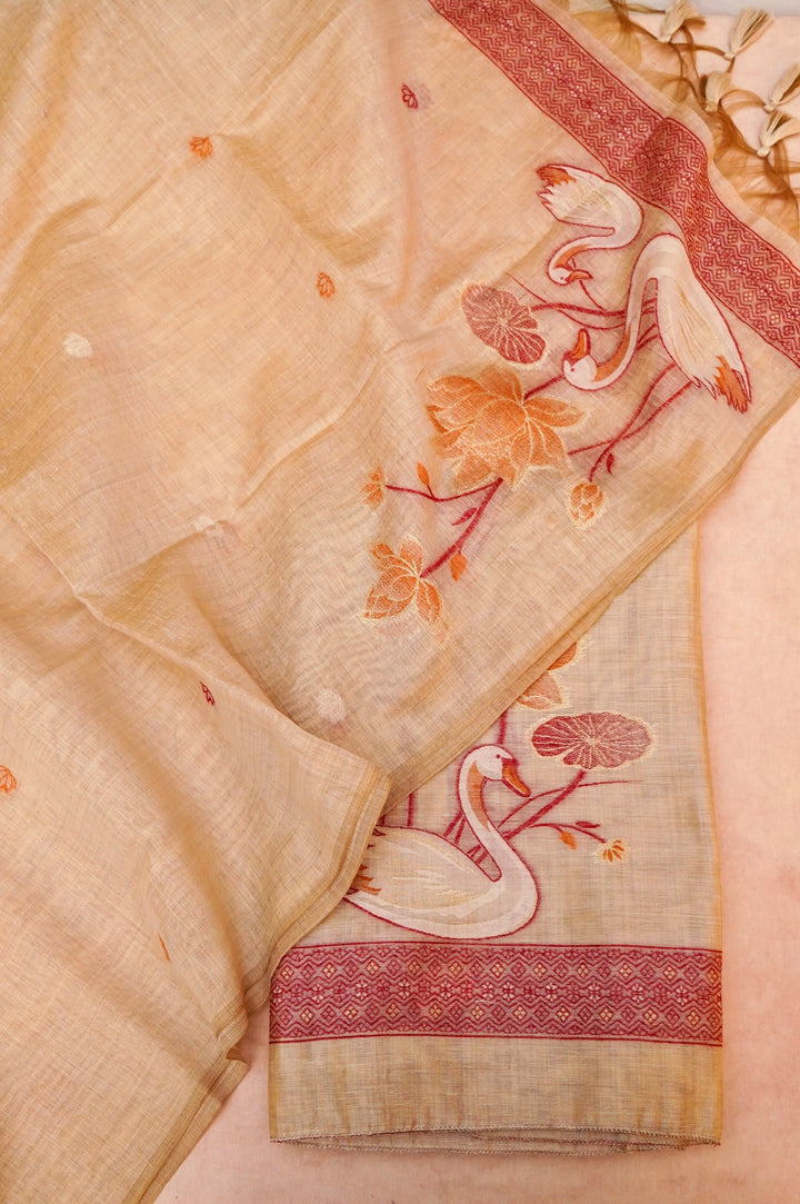 Beige Gold Cotton Silk Suit Set with Resham Embroidery