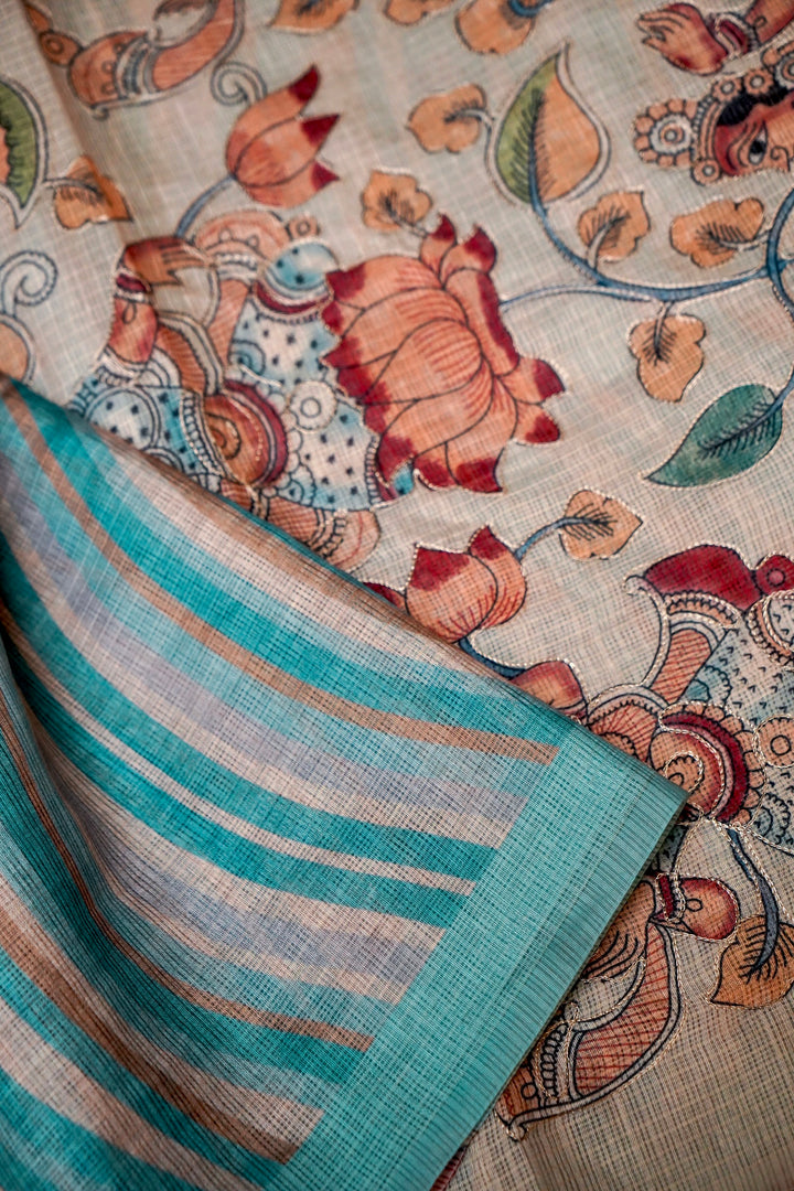 Kota Check Saree with Aari Tari Work Multicolor Leheriya Kalamkari Pichwai Pallu View 3