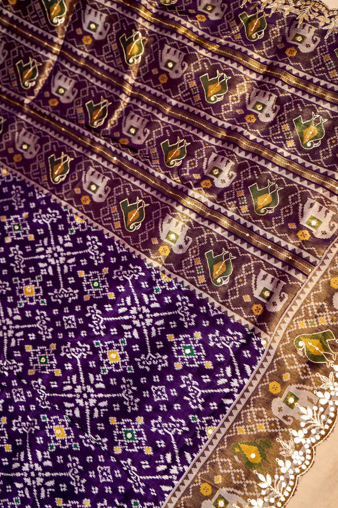 Royal Violet Patola Silk Aari Mirror Work Saree View 1