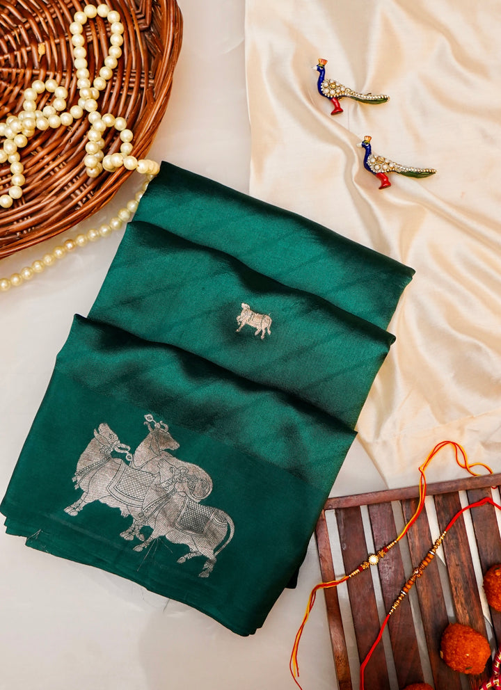 Dark Green Handwoven Banarasi Katan Silk Saree with Golden Zari Nandi Motifs