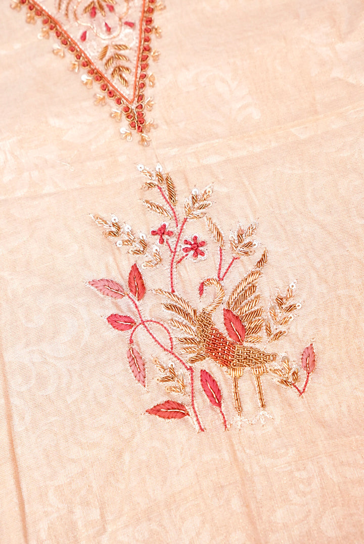 Beige Gold Pure Chanderi Tissue Silk Suit with Zardozi & Resham Embroidery