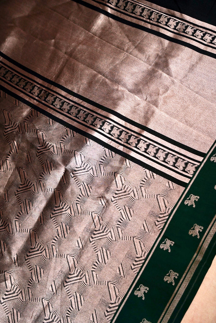 Banarasi Chevron Weave Bottle Green Pure Organza Tiger Motif Saree