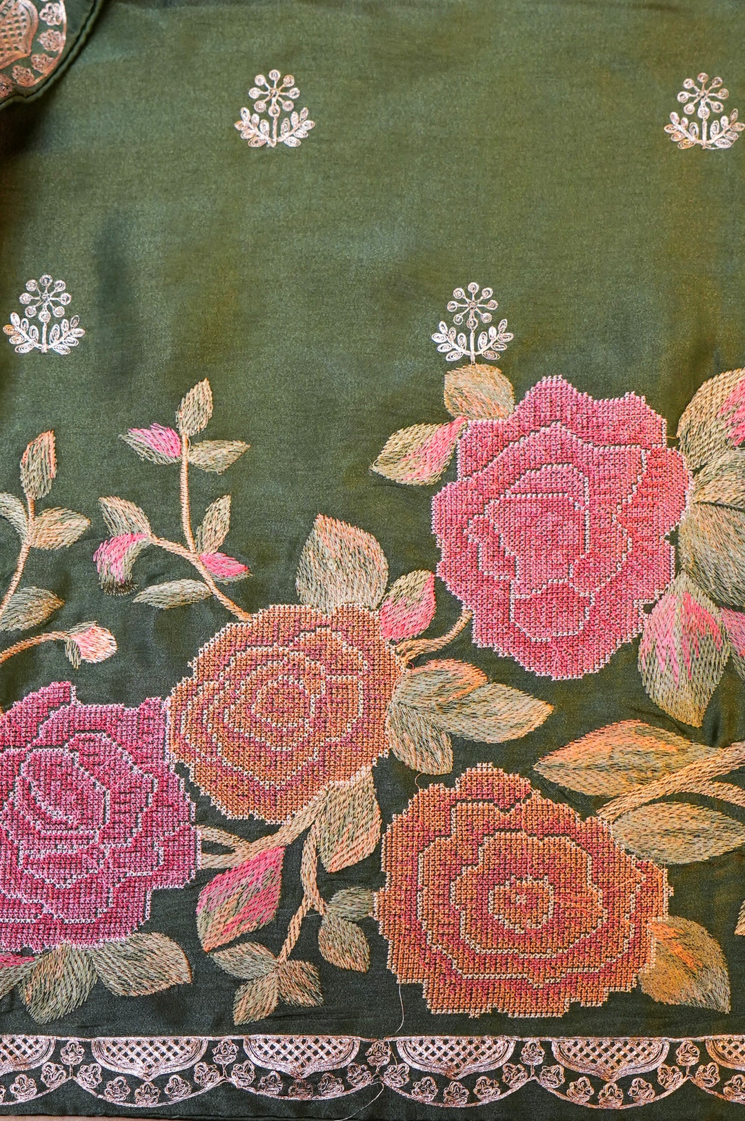 Dark Green Crepe Tissue Silk Suit Set with Pitta Zari and Embroidery Work