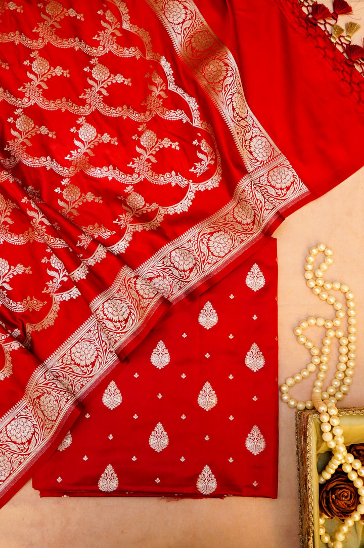 Bridal Banarasi Red Mashru Silk Suit Set with Jangla Dupatta