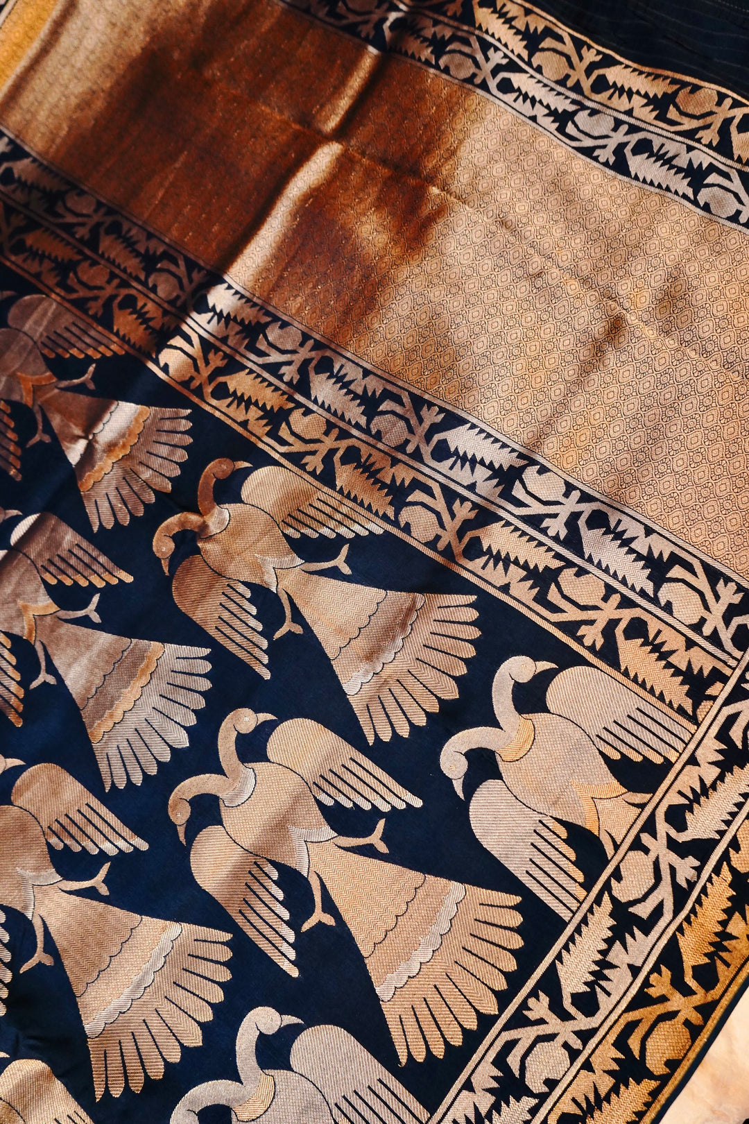 Majestic Navy Blue Nita Ambani Inspired Munga Crepe Birds Motif Saree