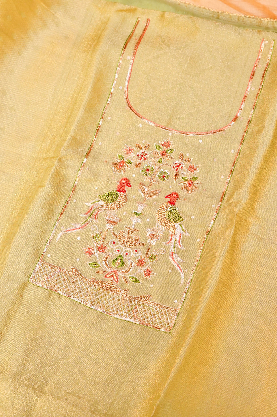 Pista Green Banarasi Brocade Soft Silk Unstitched Suit Set with Hand Zardozi Embroidery Bird Motif