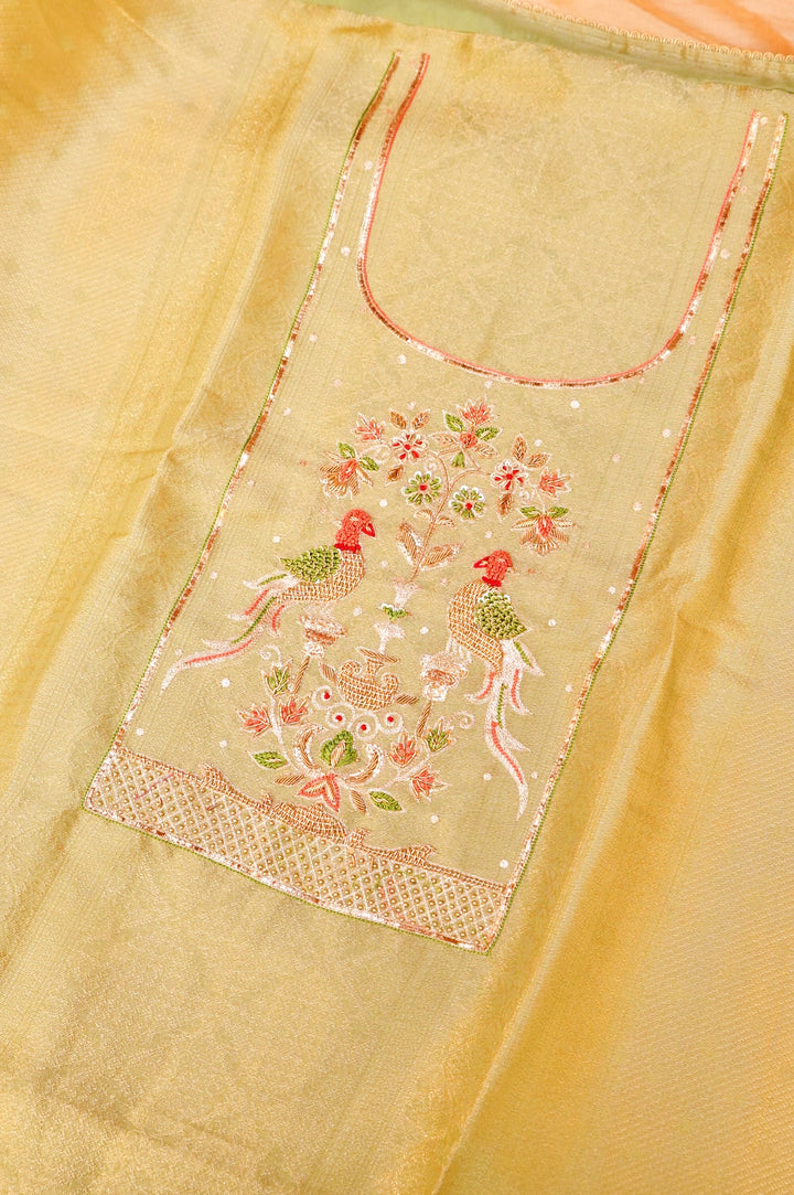 Pista Green Banarasi Brocade Soft Silk Unstitched Suit Set with Hand Zardozi Embroidery Bird Motif