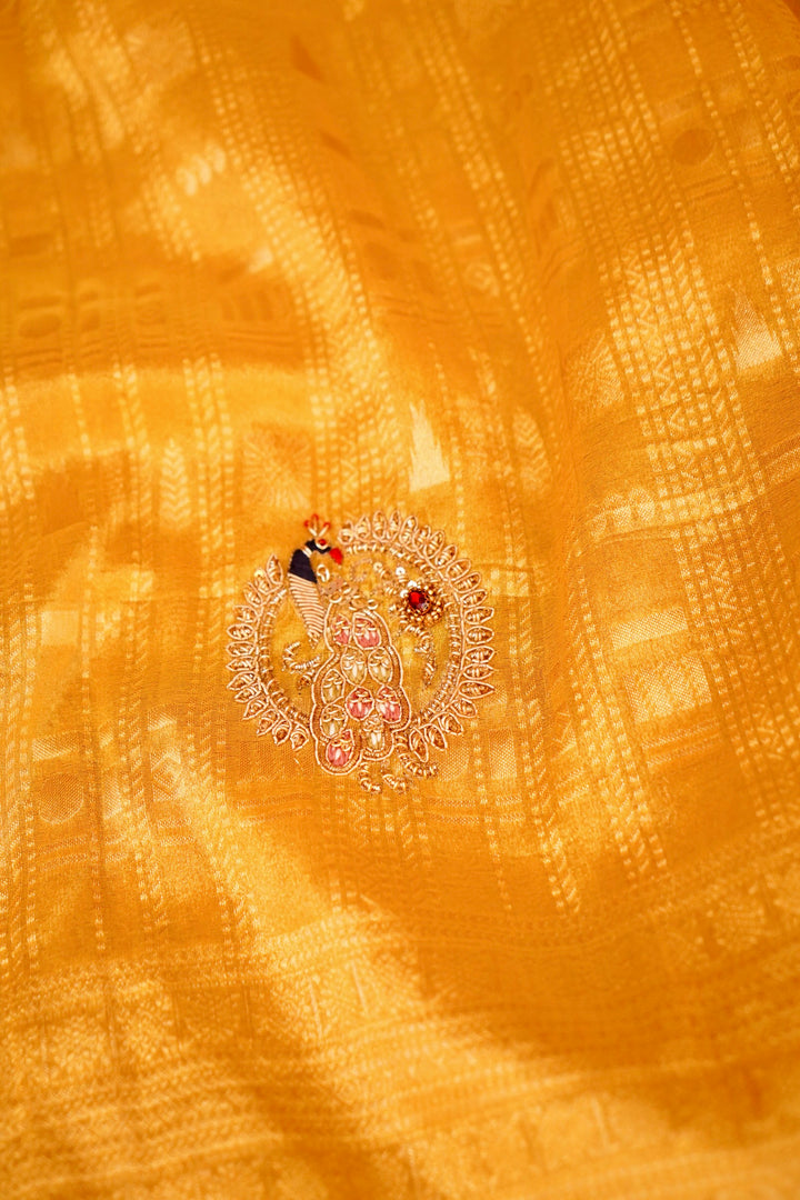 Golden Pure Tissue Saree with Meenakari Zardozi Embroidery