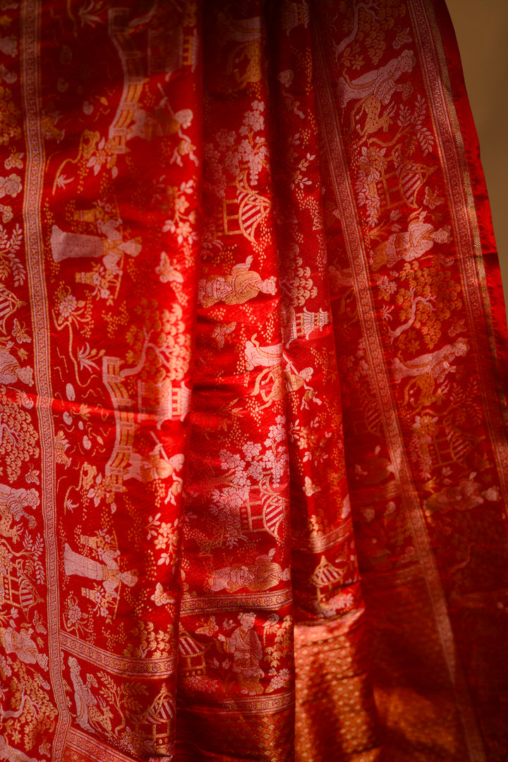 Aalia Bhatt Inspired Red Parsi Gara Banarasi Weaves Cheena Cheeni Heritage Bridal Saree View 5