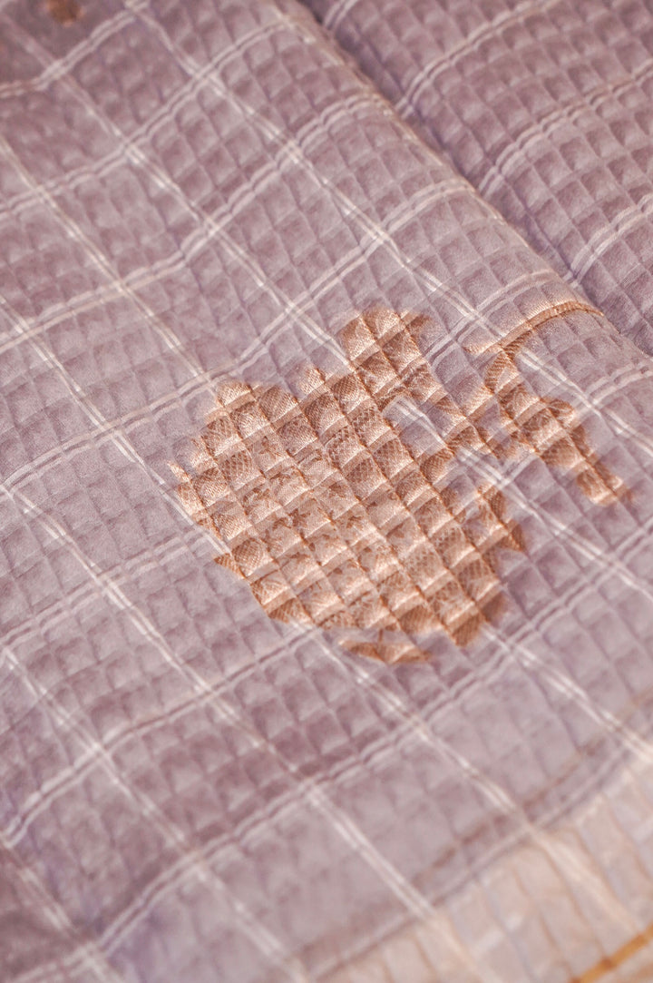 Grey Checkered Grace Pure Banarasi Silk Organza Saree View 5