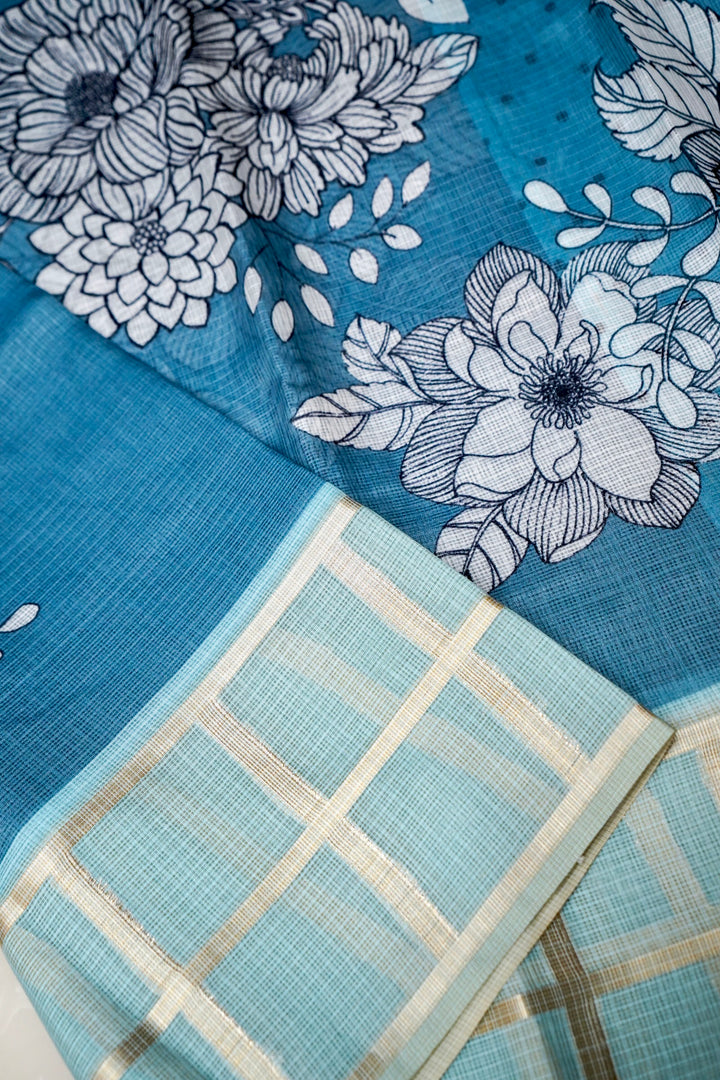 Glacier Blue Kota Check Saree with Printed Body and Zari Weave Check Border View 3