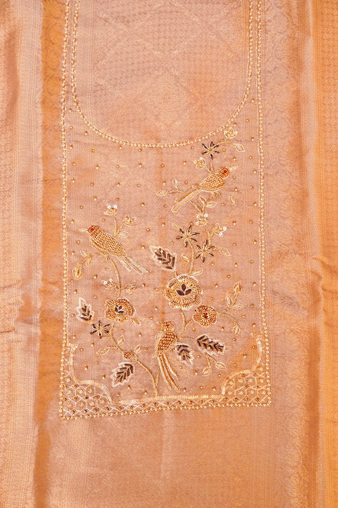 Mauve Banarasi Brocade Soft Silk Unstitched Suit Set with Hand Zardozi Embroidery Bird Motif