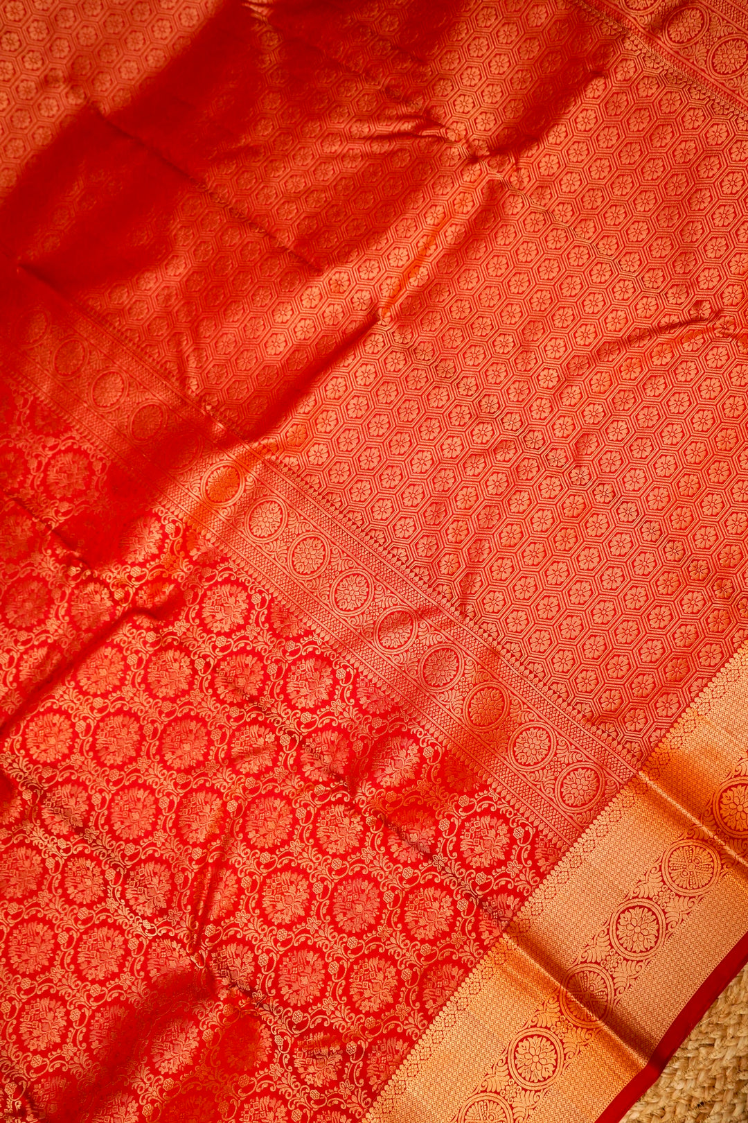Scarlet Silk Kanjivaram Saree with Intricate Zari Brocade Weave View 2