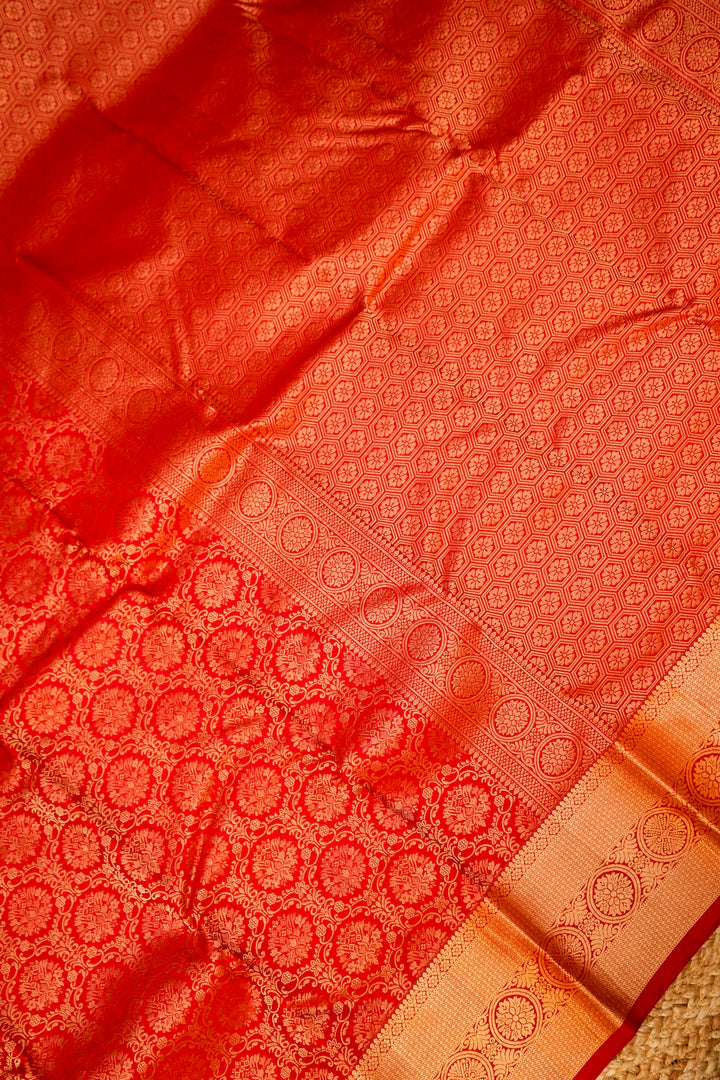 Scarlet Silk Kanjivaram Saree with Intricate Zari Brocade Weave View 2