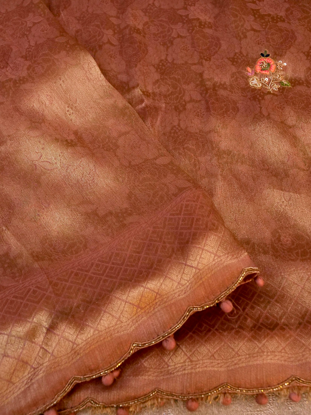 Copper Gold Banarasi Brocade Silk Saree with Zardozi and Resham Work