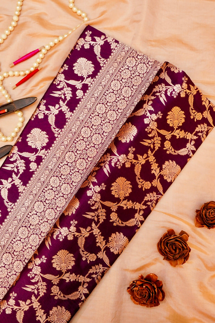 Wine Handwoven Banarasi Pure Katan Silk Upadda Jaal Saree with Jangla Zari Design