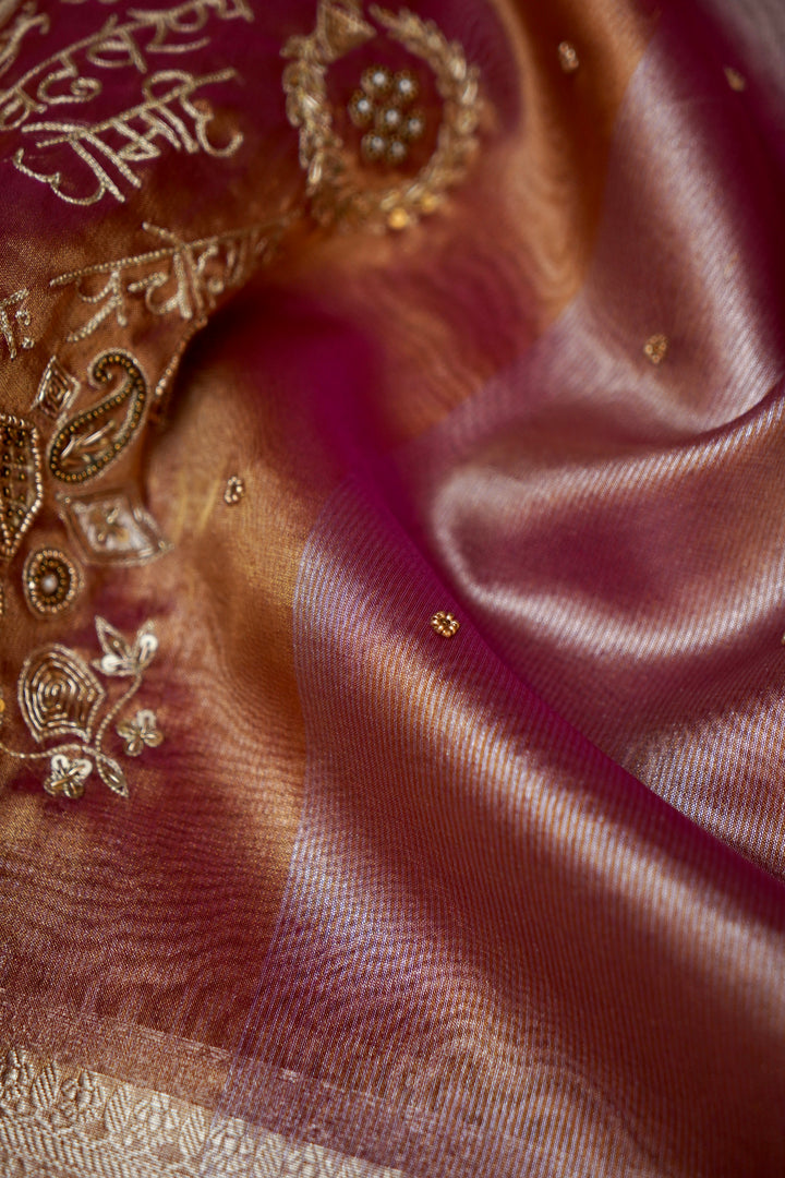 Royal Copper Gold Maharani Tissue Silk Saree with Gayatri Mantra &amp; Baraat Inspired Pallu