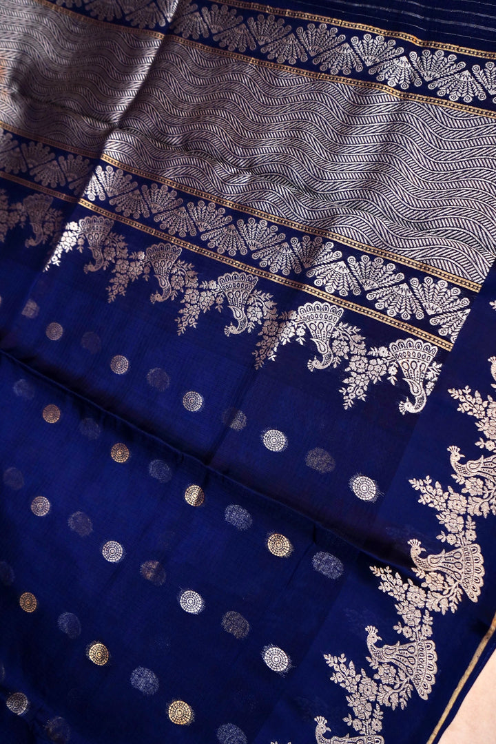 Navy Blue Kota Check Saree with Birds Motif Silk Border