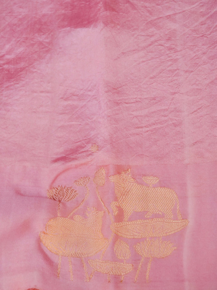 Handwoven Banarasi Pure Baby Pink Mashru Silk Saree with Zari Shikargah Weave View 5