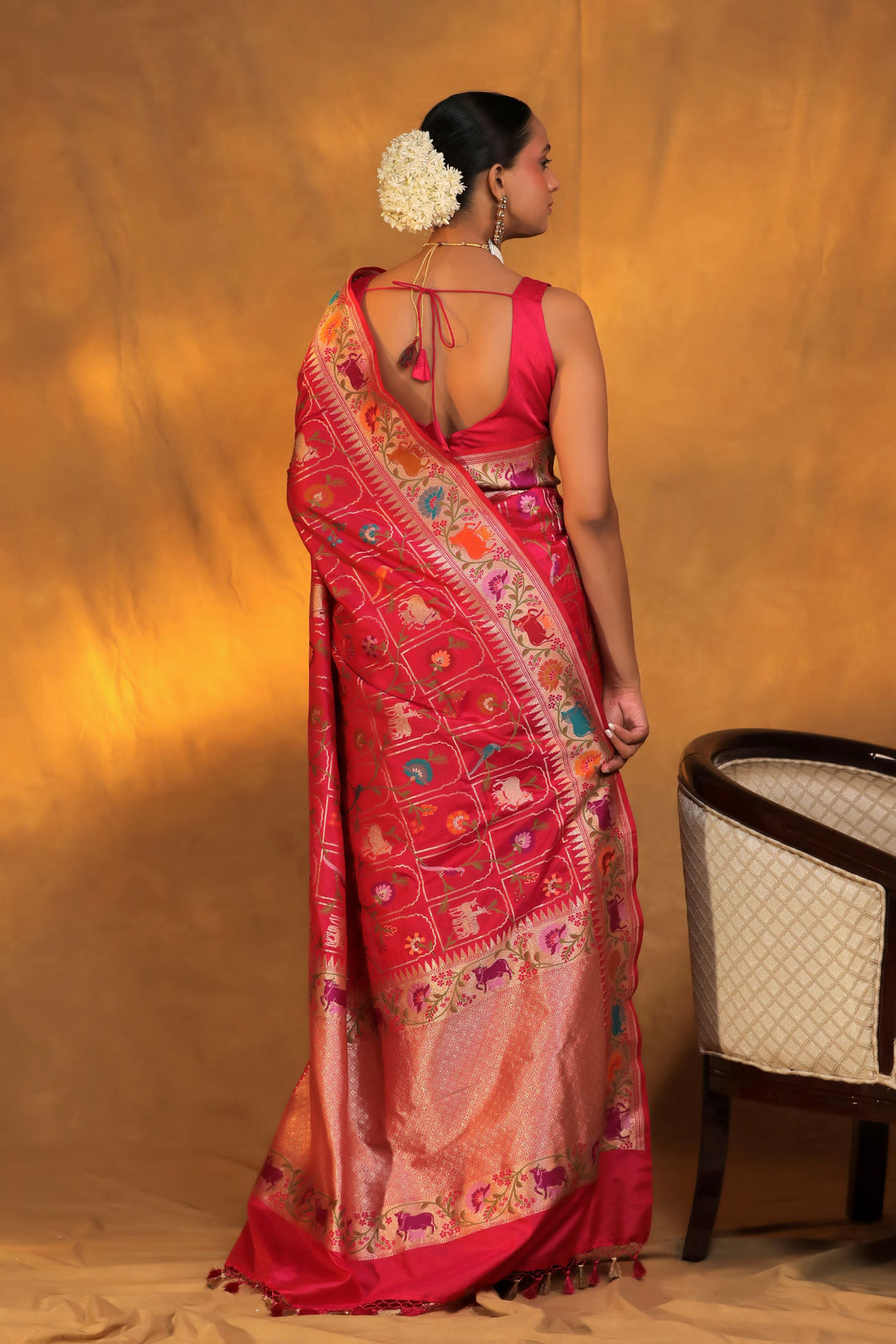 Banarasi Handloom Pink Pure Katan Silk Pichwai Saree Back View 2