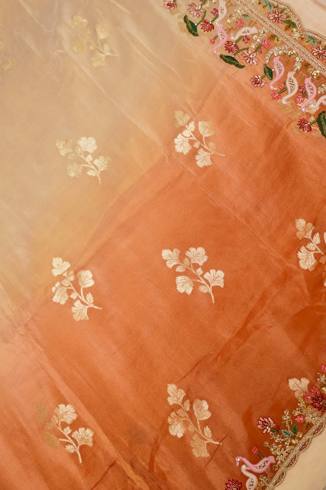 Beige Gold and Orange Lehenga Pattern Half Half Tissue Silk Meenakari Embroidery Saree View 2