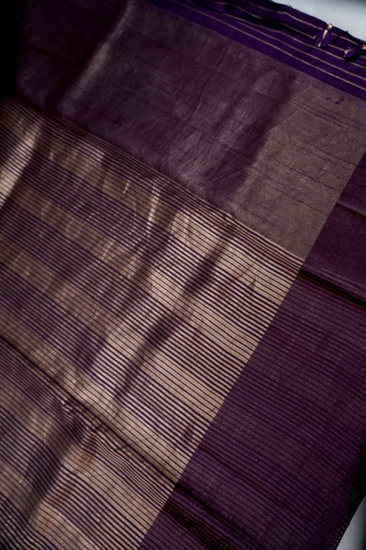 Regal Dark Purple Raw Silk Tissue Fusion Saree with Zari Stripe Weave &amp; Plain Border