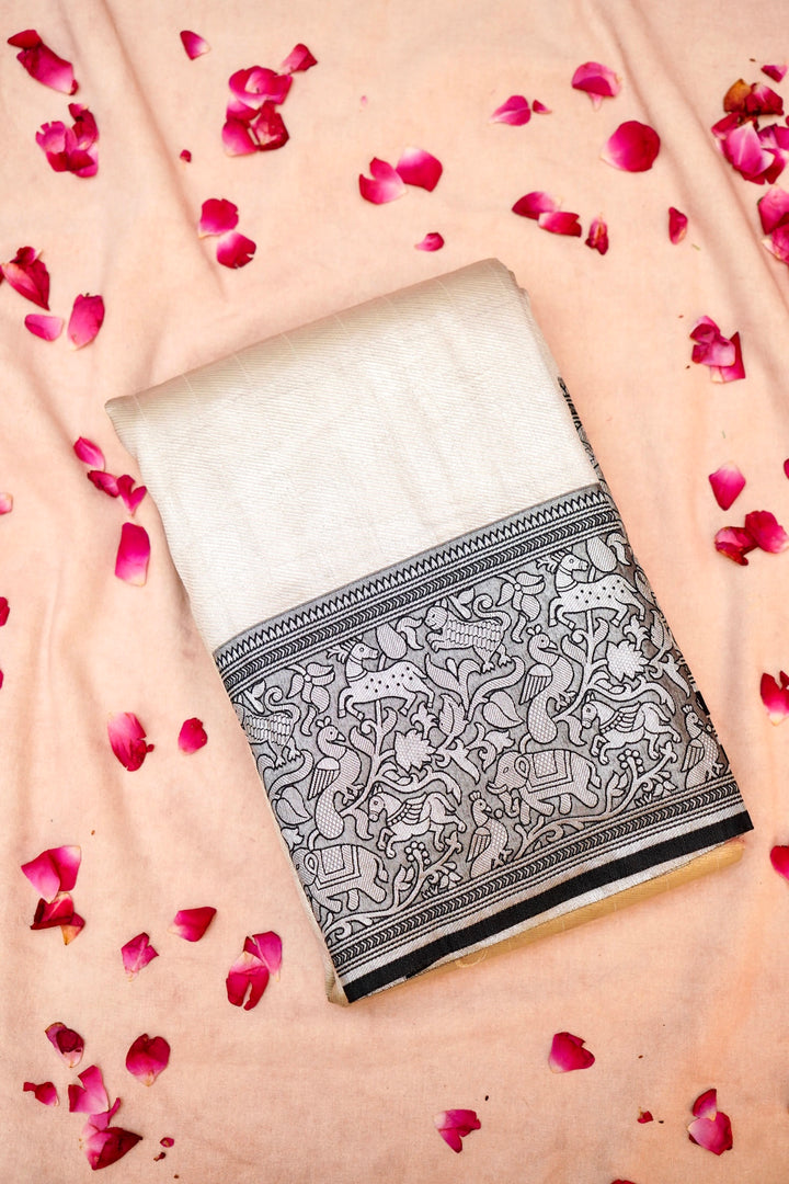 White Banarasi Kanjivaram Silk Saree with Black Contrast Border & Pallu