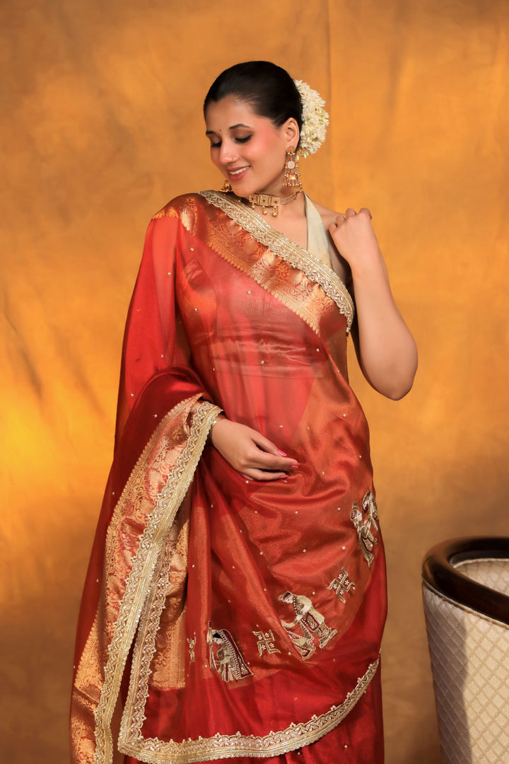 Gajanan motif baarat inspired red pure tissue silk saree front close view