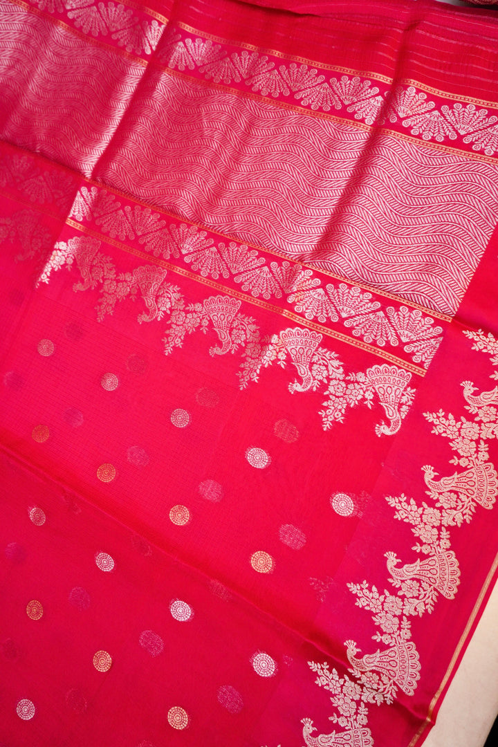Pink Bridal Kota Check Saree with Birds Motif Silk Border